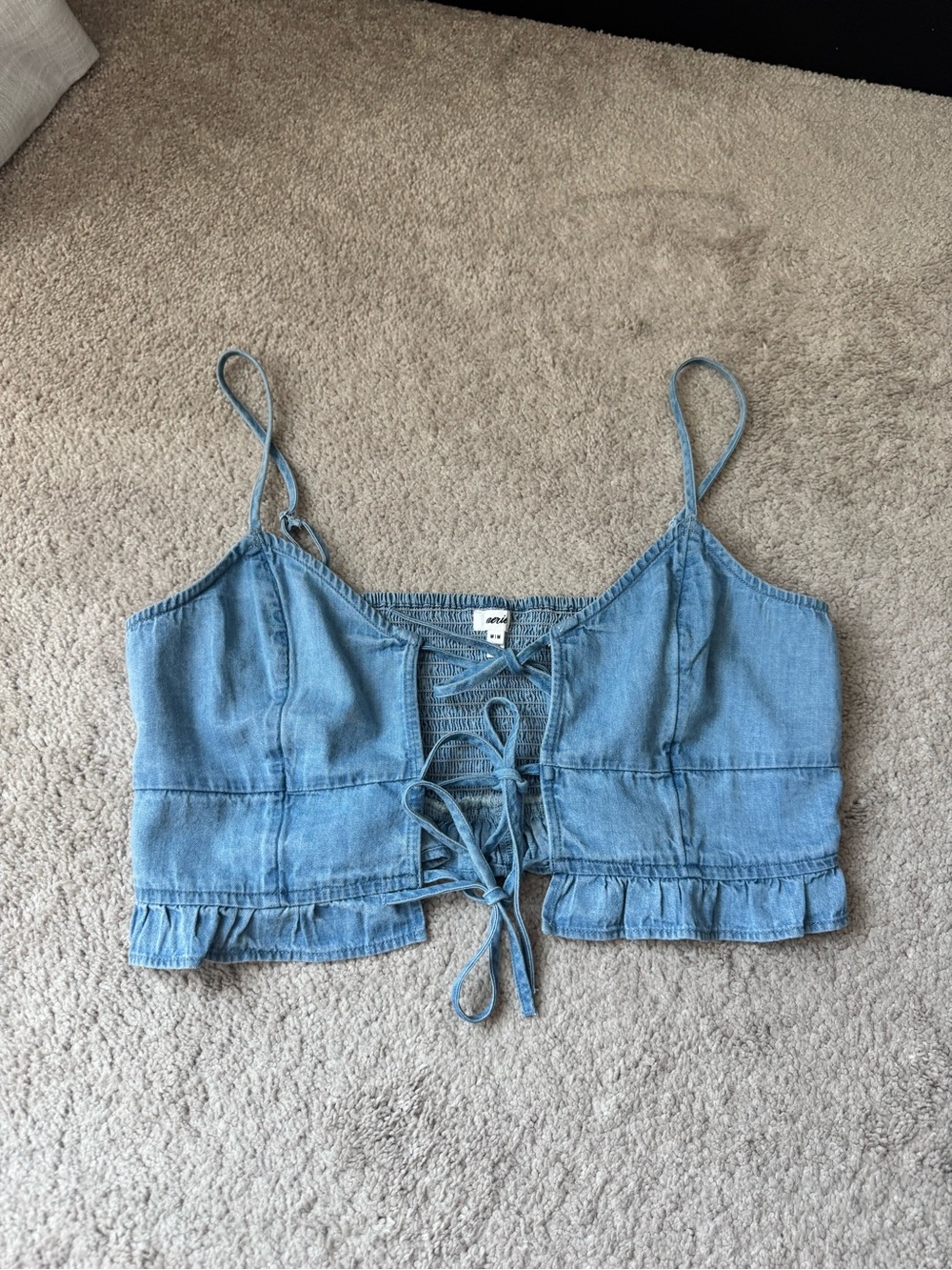 Aerie Blue Denim Lace-Up Crop Top